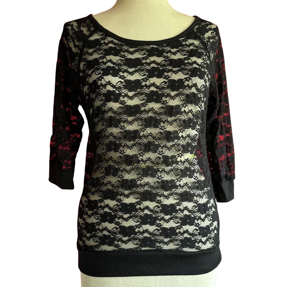 Womens Top Size Medium Black Lace Sheer Biker Layering Soft Goth Office Party